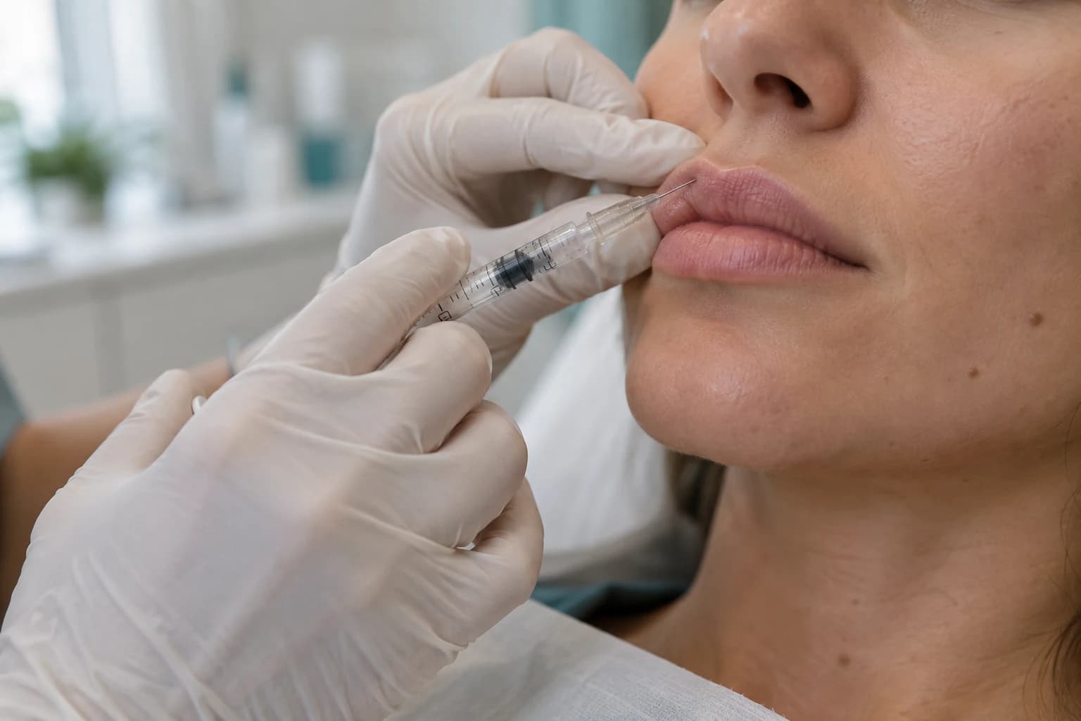 Mâinile medicului în timpul unei proceduri de augmentare a buzelor cu acid hialuronic